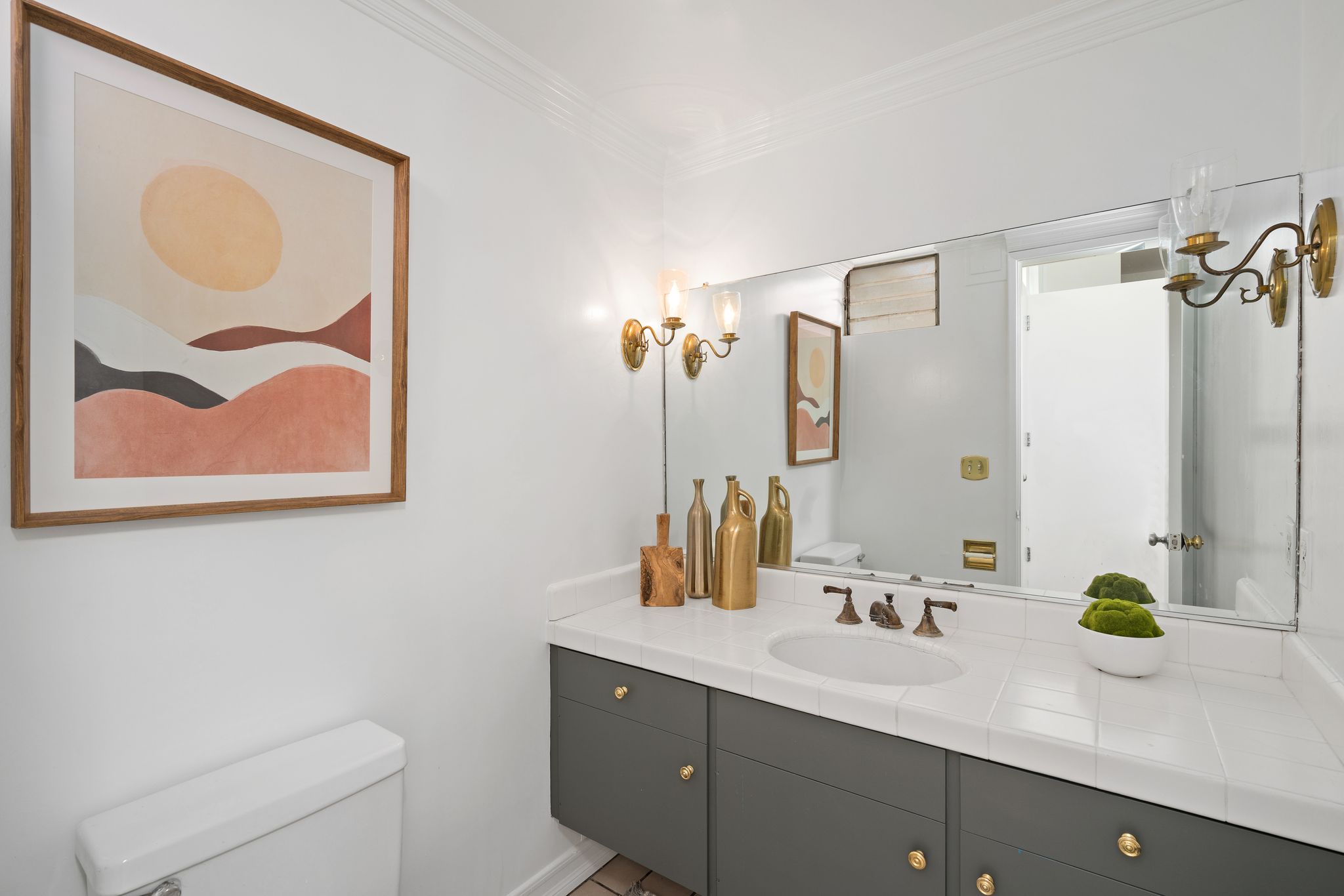 Staged bathroom with green vanity — home staging, Greater Los Angeles