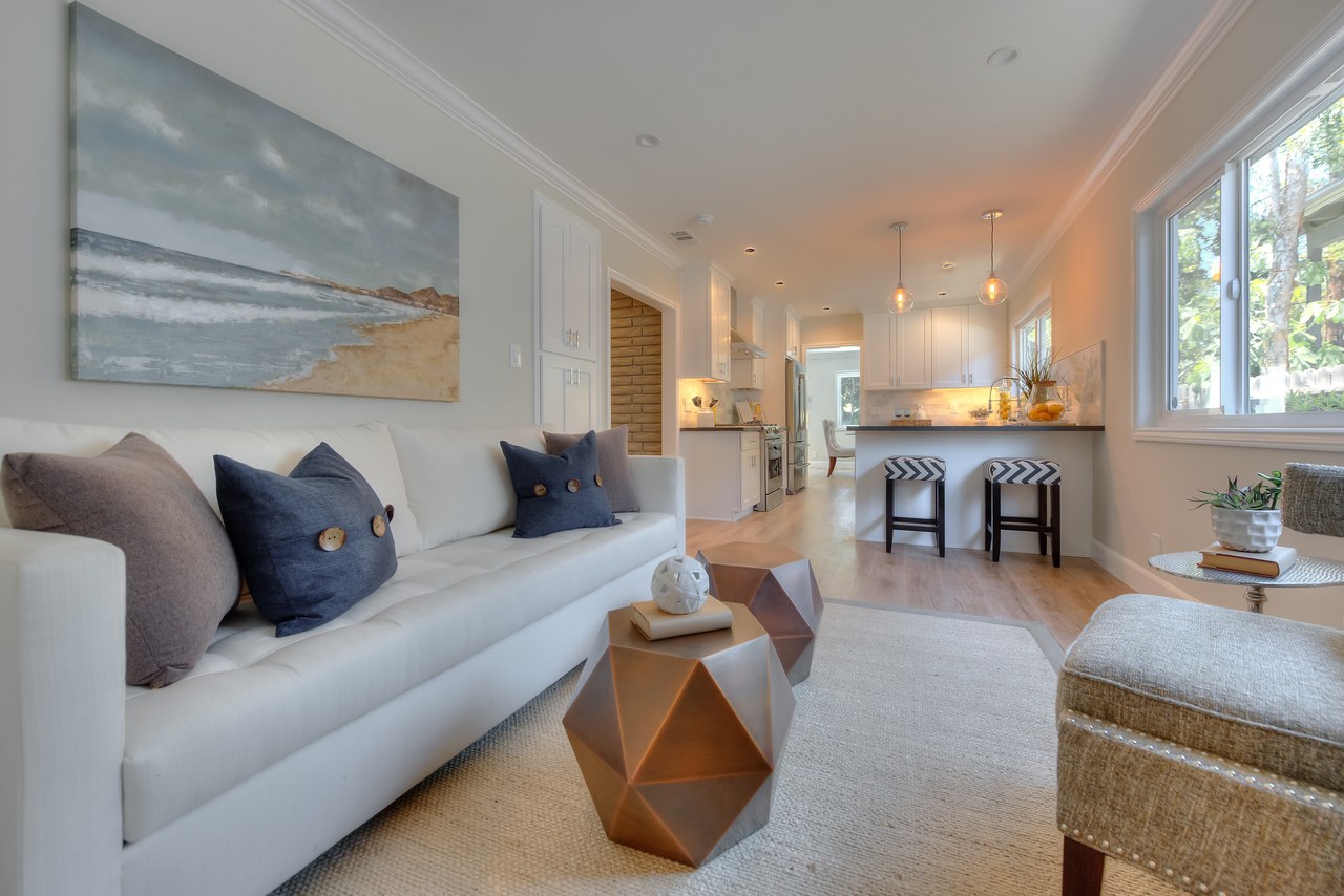 Staged family room — beach home staging, Greater Los Angeles