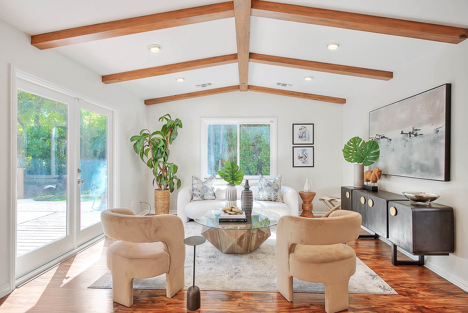 Staged family room with wood beams — home staging, Greater Los Angeles