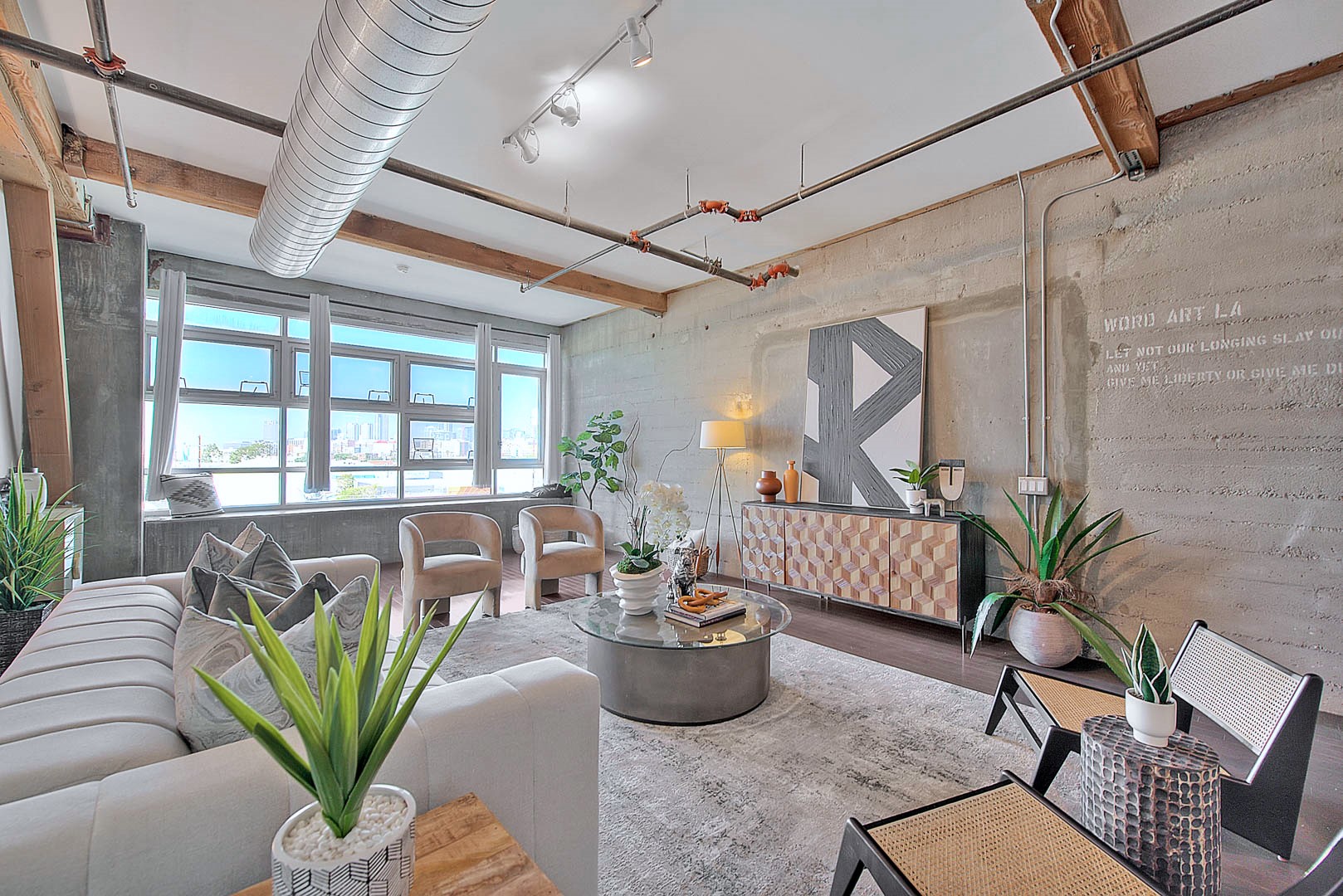 Staged loft living space — open-plan home staging, Greater Los Angeles