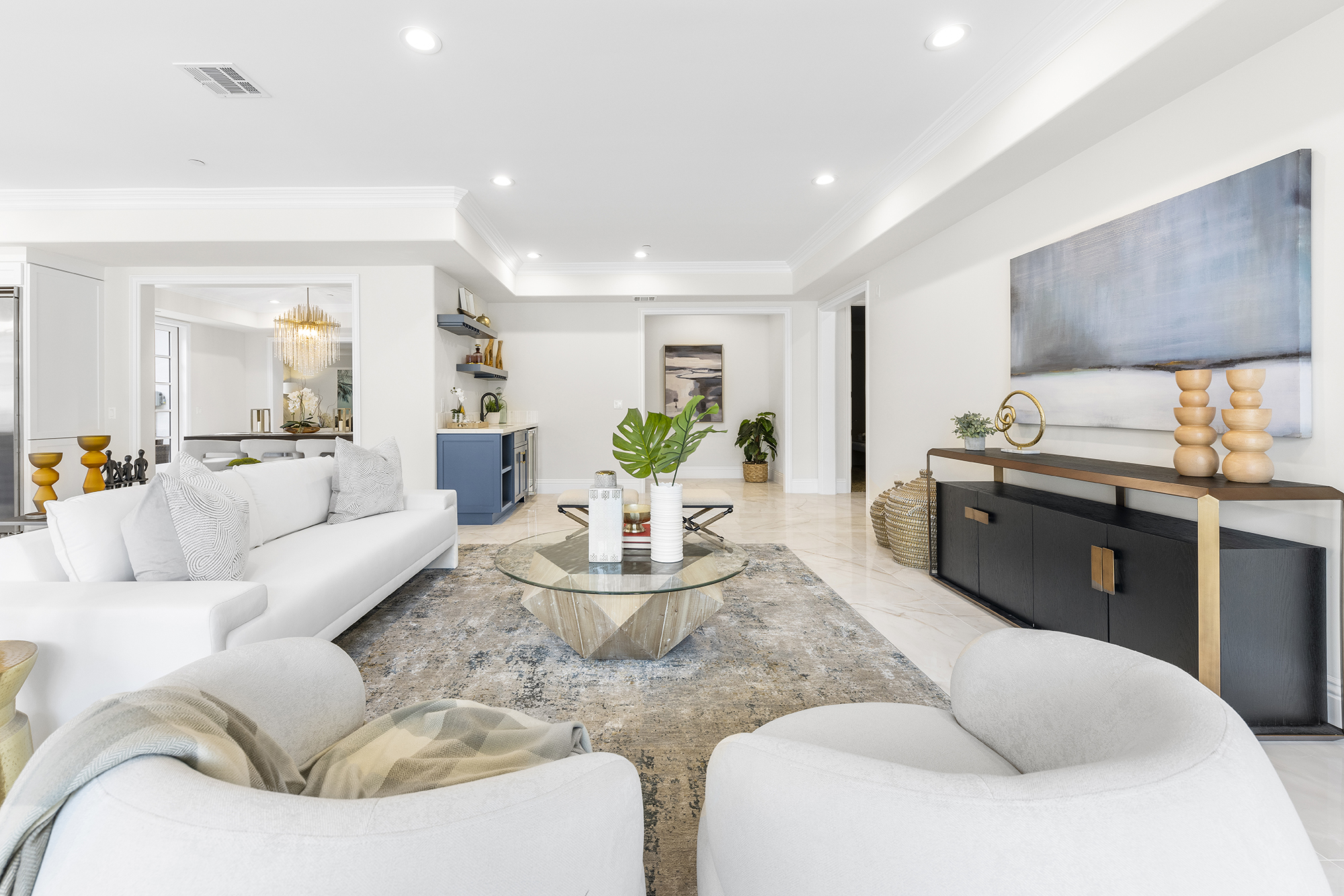 Staged living room with marble finishes — home staging for real estate listing
