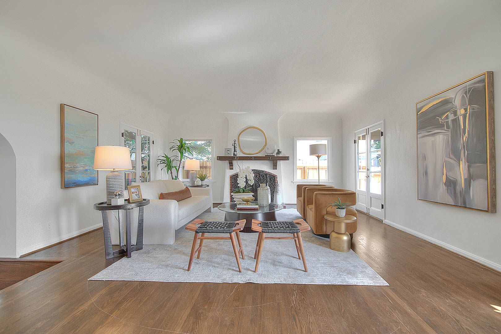 Staged living room with fireplace mantel — home staging for real estate