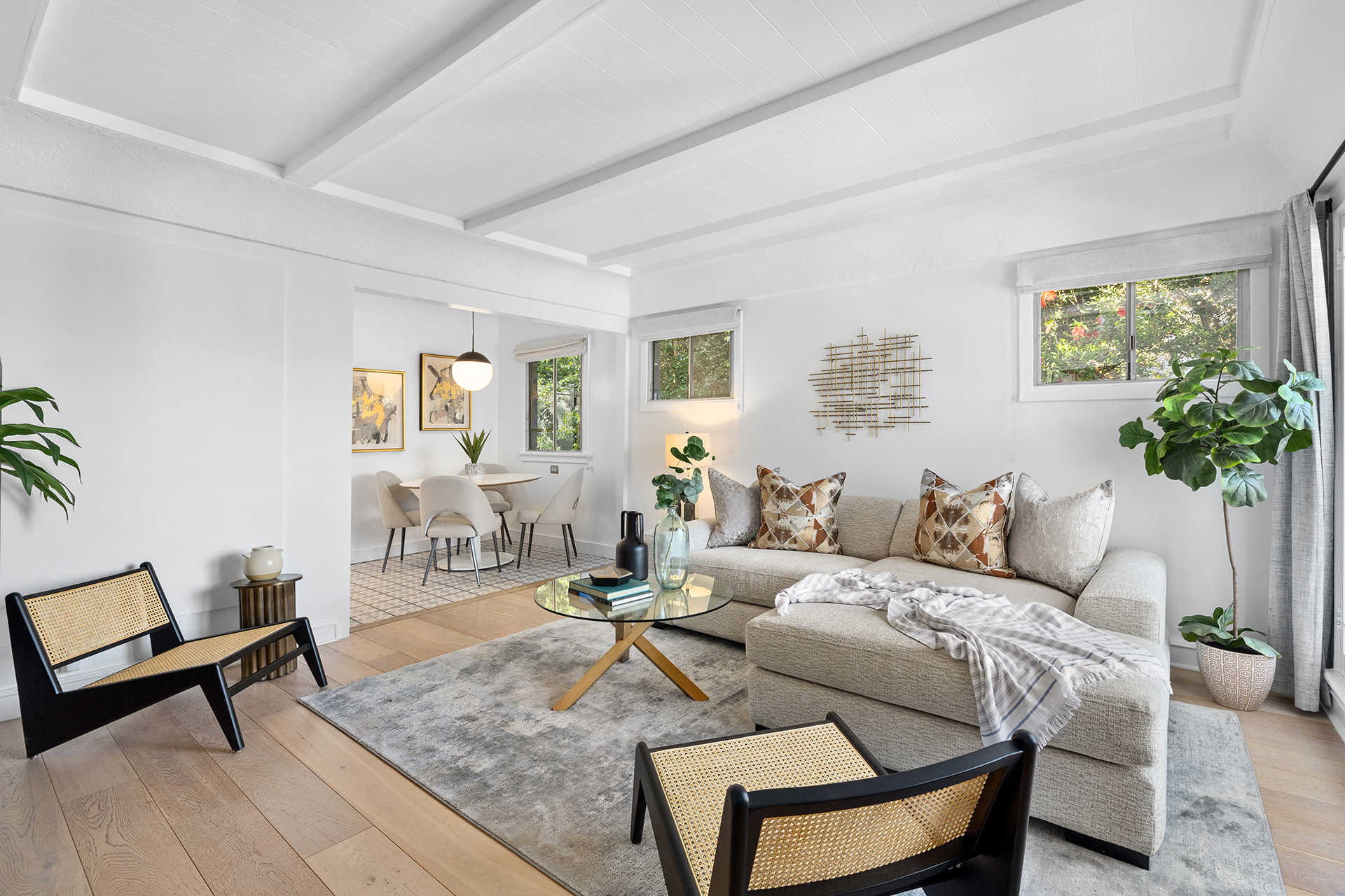 Staged living room with beamed ceiling — home staging, Greater Los Angeles